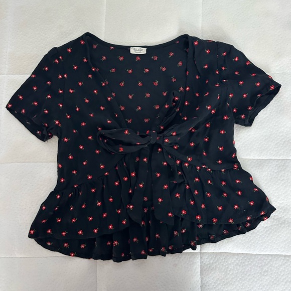 Brandy Melville Tops - Brandy Melville Black Floral Tie-Front Blouse Size S